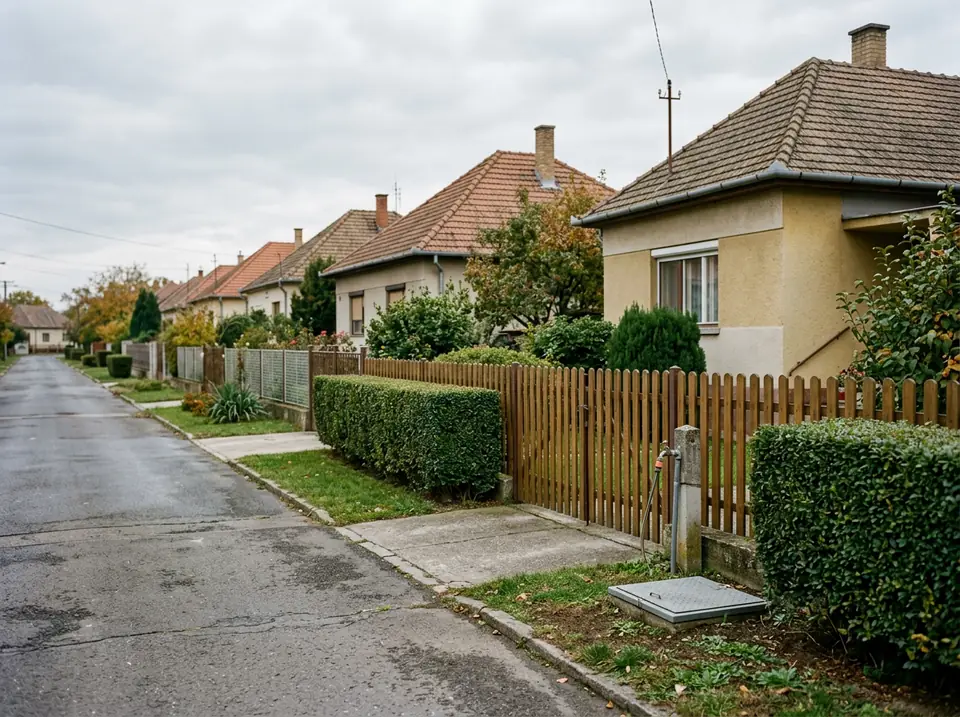 Földszintes családi házak kerítéssel és előkerttel egy kertvárosi utcában.